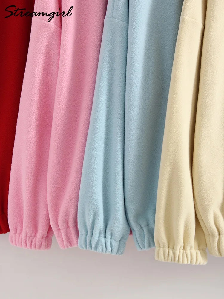 Women Velvet Sweatshirts With Half Zipper Long Sleeve Pink Warm Pullover Female Loose Yellow Sweatshirts For Women Zip Blue Tops LadyShow.Store