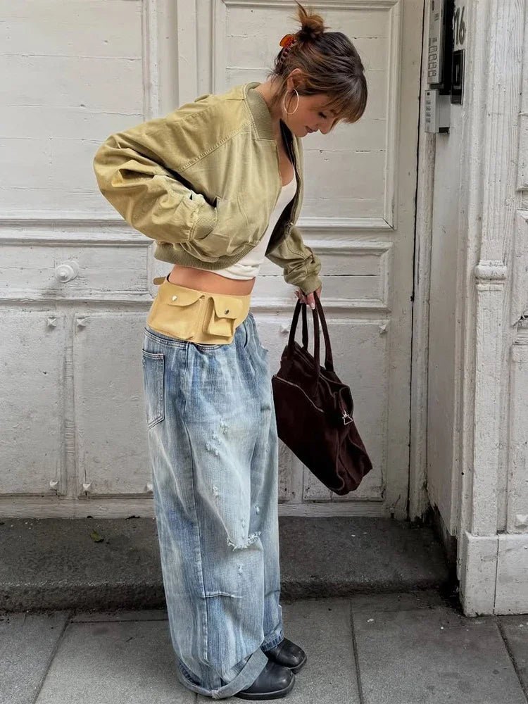 Fashion Short Bomber Jacket Women Casual Long Sleeve Round Neck  Zipper Loose Cropped 2026 Jackets Lady Spring Street Outerwear LadyShow.Store