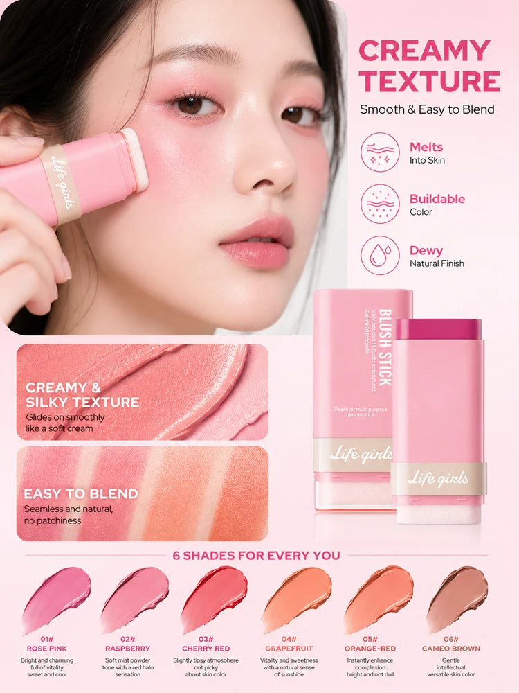 3-in-1 Cream Blush Stick Cheeks Lips Eyes, Long Lasting Waterproof Blendable Dewy Glow Makeup Stick for All Skin Tones Pi-Mart