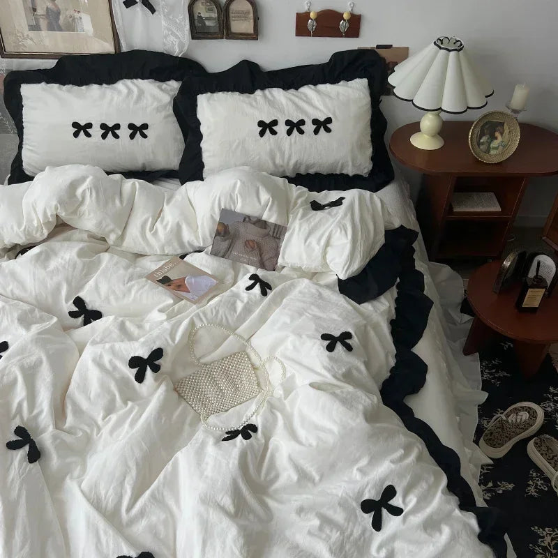 Black Bow Cotton Bedding Set, Princess Style Cute Girl Skin Friendly Soft Duvet Cover, Bed Sheet or Bed Skirt Pillowcase Pi-Mart
