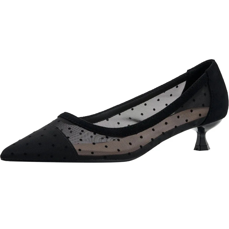 maogu Black Women Pointed Toe High Heel Work Shoes Dot Mesh Vintage Elegant Shallow Stiletto 2023 Spring Summer Thin Heels Pumps LadyShow.Store