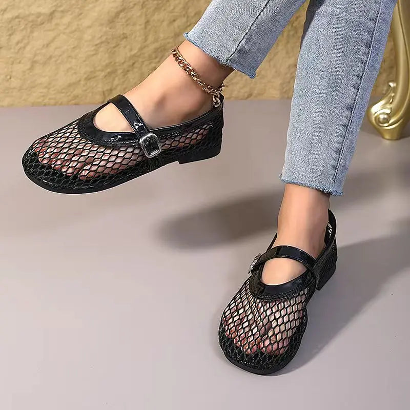 Women's Mary Jane Flats 2026 New Hollow Out Mesh Breathable Fishnet Ankle Strap Casual Summer Sandals Pi-Mart