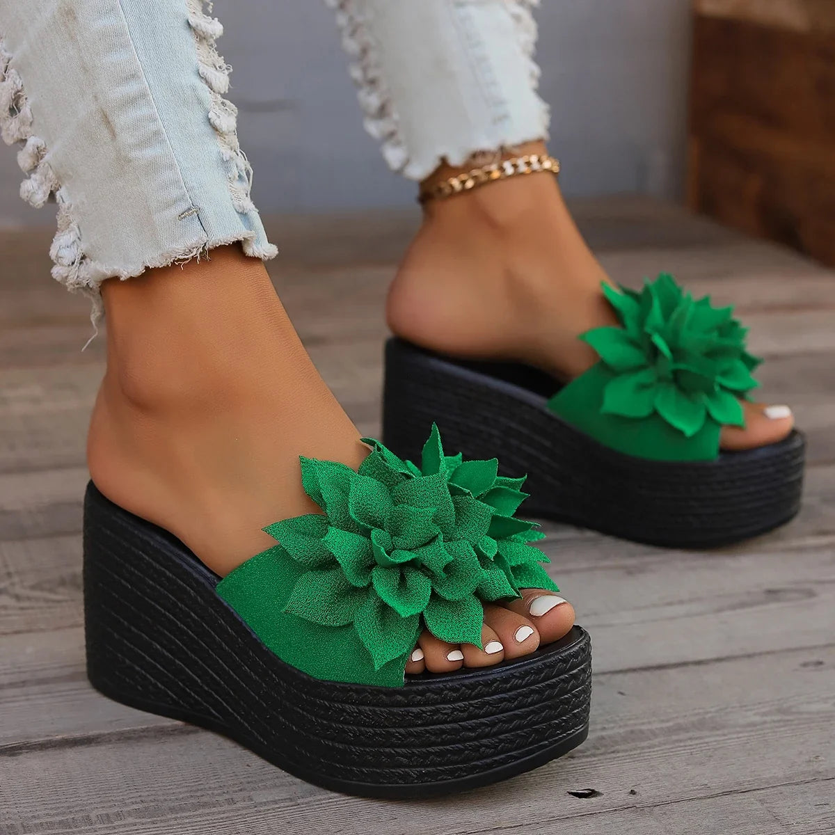 Women Platform Slippers 2024 New Summer Beach Wedges Sandals Fashion Flower Casual Slippers Women High Heel Slippers Women LadyShow.Store