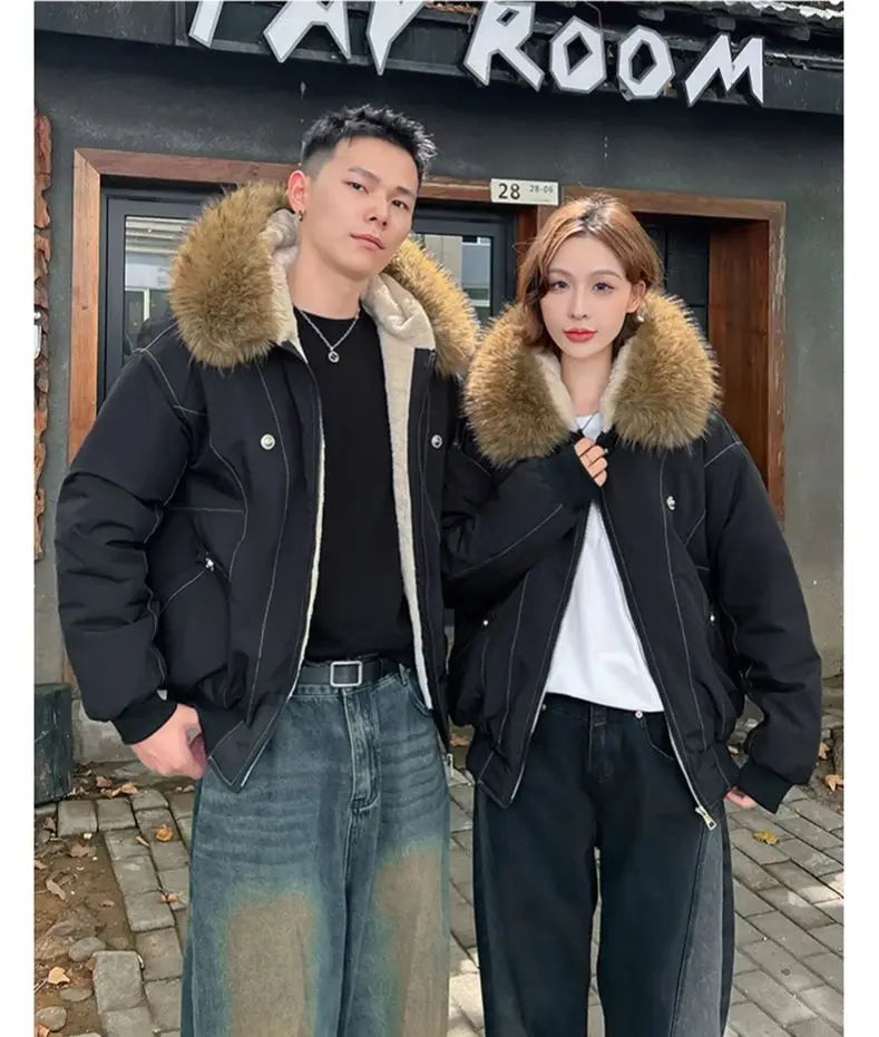 ZAROY Fur Collar Hooded Parkas Y2k Harajuku Thicken Padded Jackets Casual Zipper Gothic Women&Men Winter Coats Streetwear кур LadyShow.Store