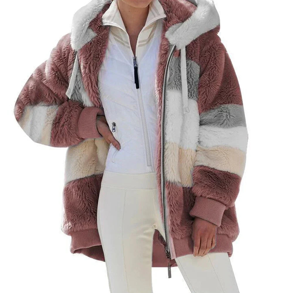 Oversized Jacket for Women Coat 2025 Autumn Winter Warm Plush Pocket Hooded Streetwear Loose Lady Zipper Cashmere Outerwear Coat LadyShow.Store