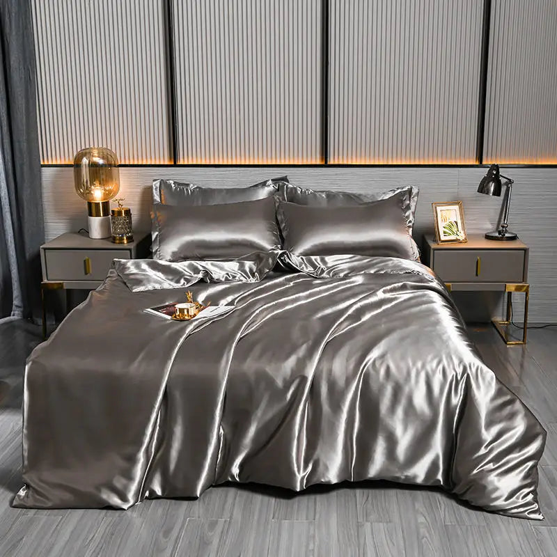 Luxury 100% Silk Bedding Set with Duvet Cover Set Double King Queen Size Bedding Cover Kit 4pcs Bed Cover Bed Linen Sets Pi-Mart