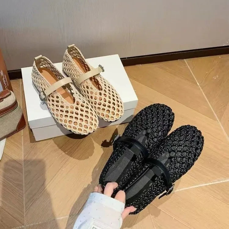 2026 Summer New Fashion Simple One-Buckle Vintage Flats for Women, Soft and Comfortable Ballet Shoes, Shallow Mouth Sandals Pi-Mart