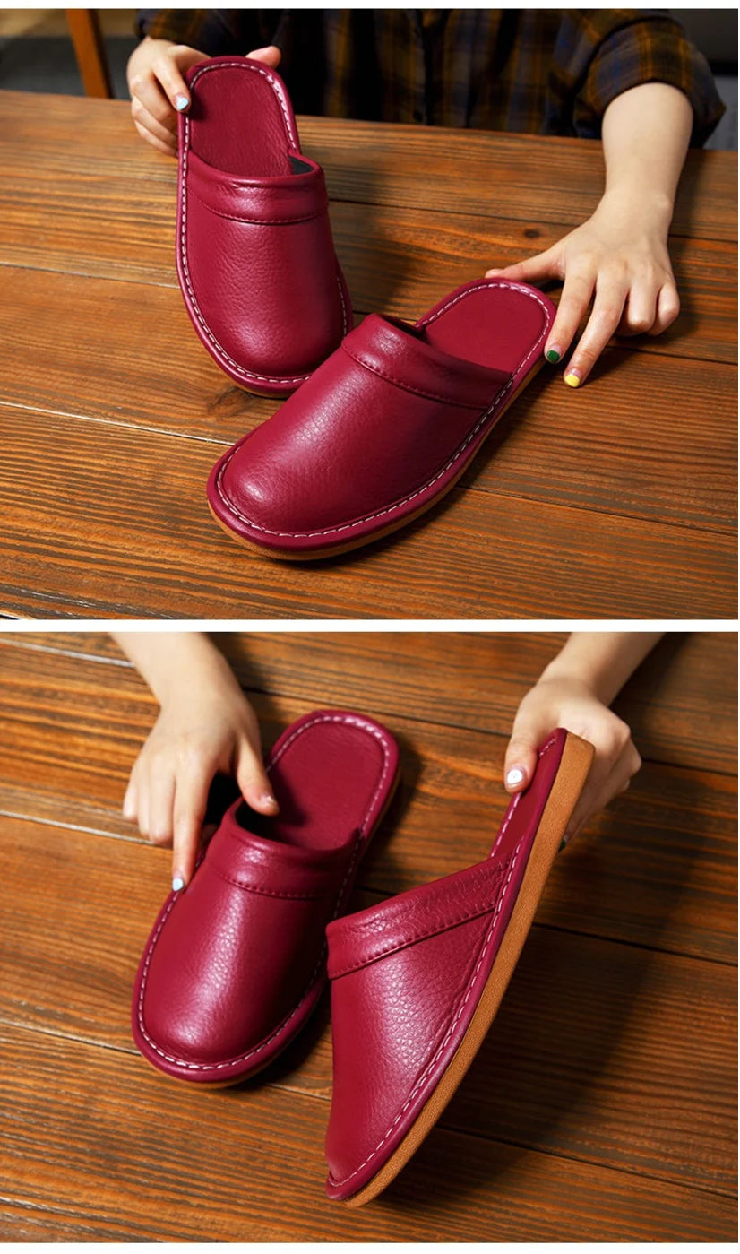 Luxury Men Leather Handmade Women Home Slippers Autumn Winter Plush Slip on Soft Black Brown Bedroom Indoor Flat Men Shoes Pi-Mart