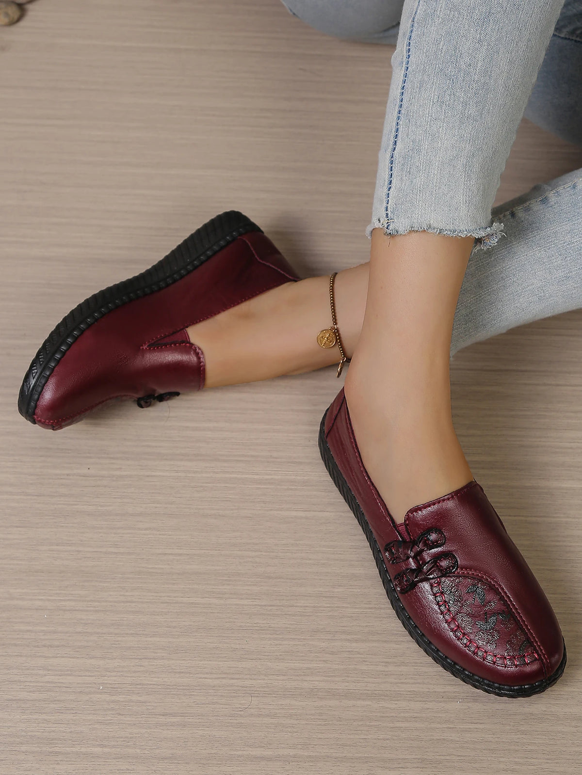 Women's Spring Autumn Leather Loafers Floral Embossed Slip‑On Flats Anti‑Slip Comfort Casual Mom Daily Walking Free Shipping Pi-Mart