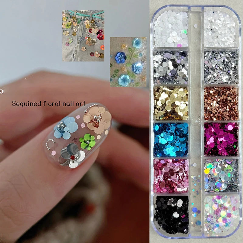 3D Spliced Flower Polka Dot Nail Art Sequins 12 Grids Retro 1-3mm Round Nail Glitter Sparkling Flakes Nail Charms Manicure Decro Pi-Mart