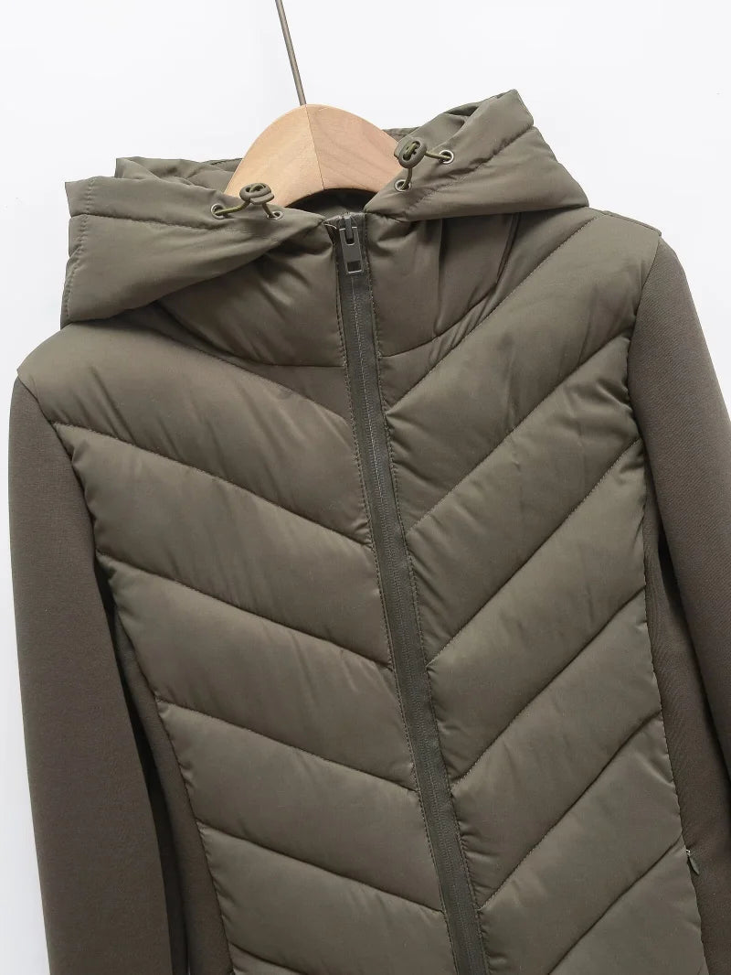 ETJ 2025 new  women's elegant fashion patchwork long sleeve standing collar hooded cotton jacket sport coat 8073227 Pi-Mart