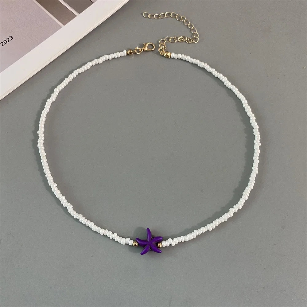 Shell Starfish Woman Short Necklace Summer Holiday Gift Handmade Choker  Seed Beads Neck Jewelry White Pi-Mart