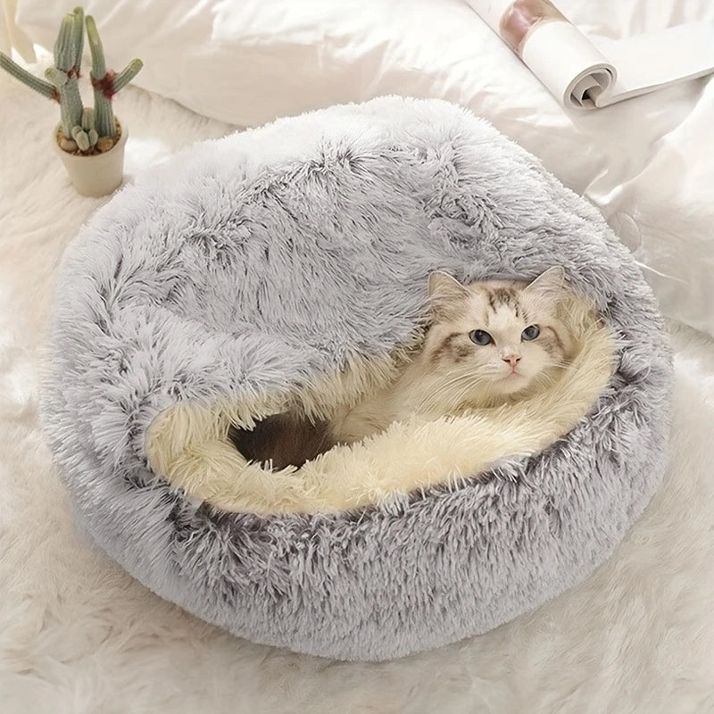 Plush Hooded Cat Cave Bed Round Semi‑Enclosed Shell Pet Nest Washable Anti‑Slip Warm All Season Sleeping Bed For Cats Small Dogs Pi-Mart