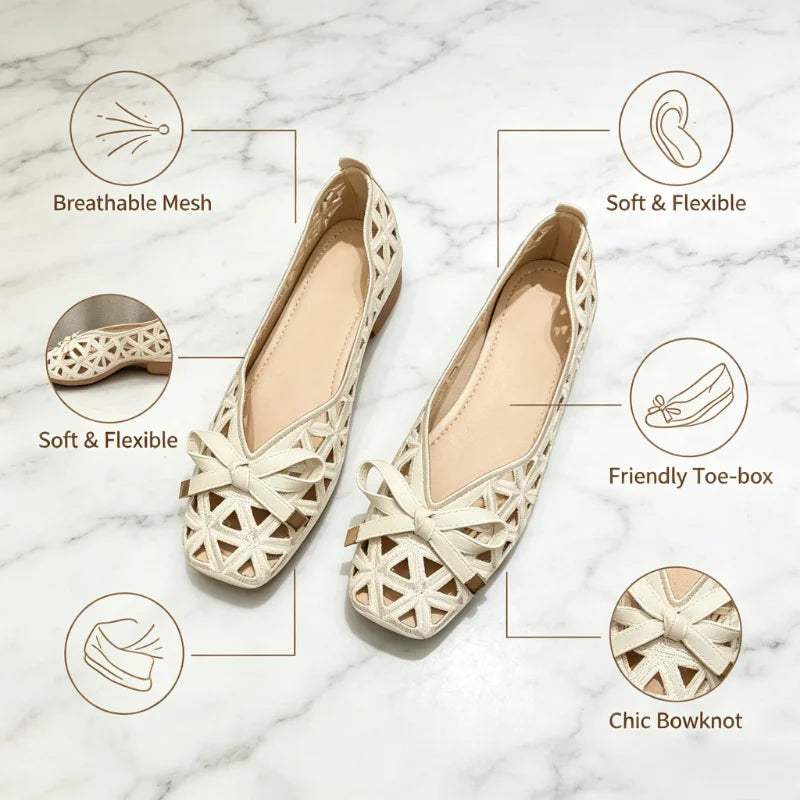 New French Style Bow Flat Sandals Women Geometric Cut-Out Peep-Toe Breathable Summer Beige Shoes for Dresses, Office and Casual LadyShow.Store