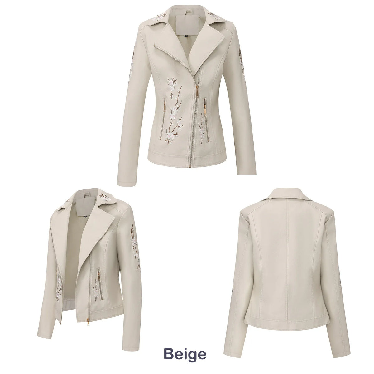 New Fall Women's Black Faux Leather Jacket; White Floral Embroidered PU Coat; Dark Brown Motorcycle-style Top. Pi-Mart