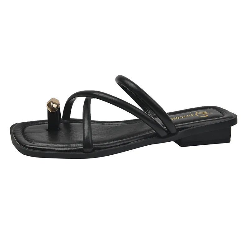 Women Summer Slippers Ladies Sandals Metal Decor Thong Flip Flop Low Heel Shoes Woman Outdoor Retro Brown Sandals Female LadyShow.Store