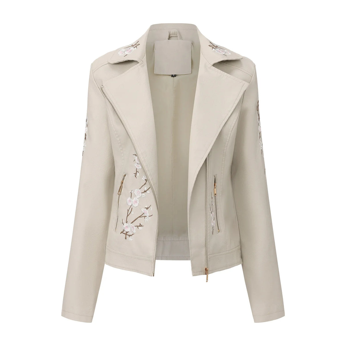 New Fall Women's Black Faux Leather Jacket; White Floral Embroidered PU Coat; Dark Brown Motorcycle-style Top. Pi-Mart