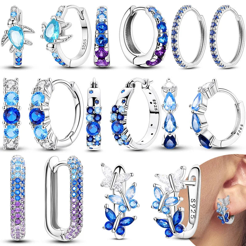 925 Sterling Silver Hoop Earring For Woman Night Sky Blue Purple Gemstone Original Earrings Fashion Jewelry Gift Pi-Mart