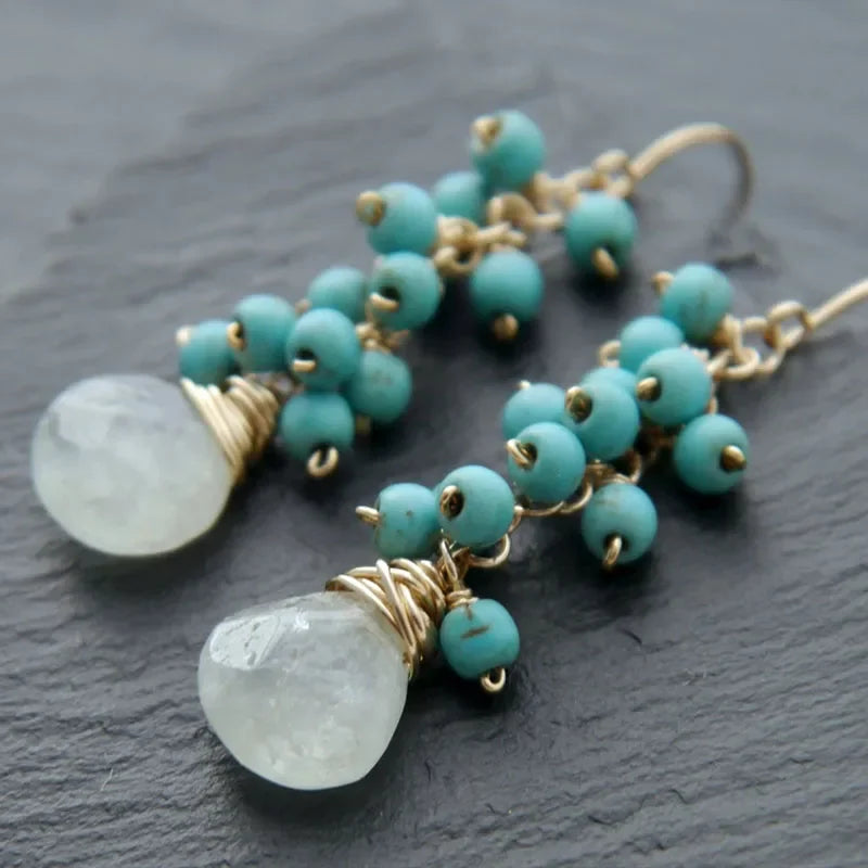 Aqua Chalcedony Labradorite Cluster Wire Wrapped Dangle Earrings Pi-Mart