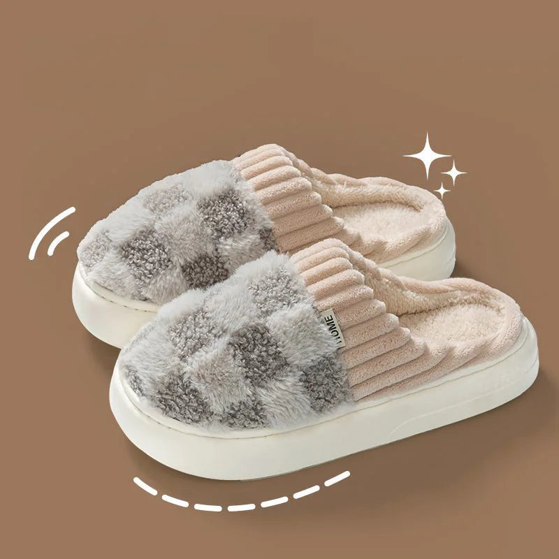 Fashion Couple Winter Slides Warm Plaid Fluffy Slippers Soft Sole Flip Flops For Women And Men Home Indoor Non-slip Cotton Shoes Pi-Mart