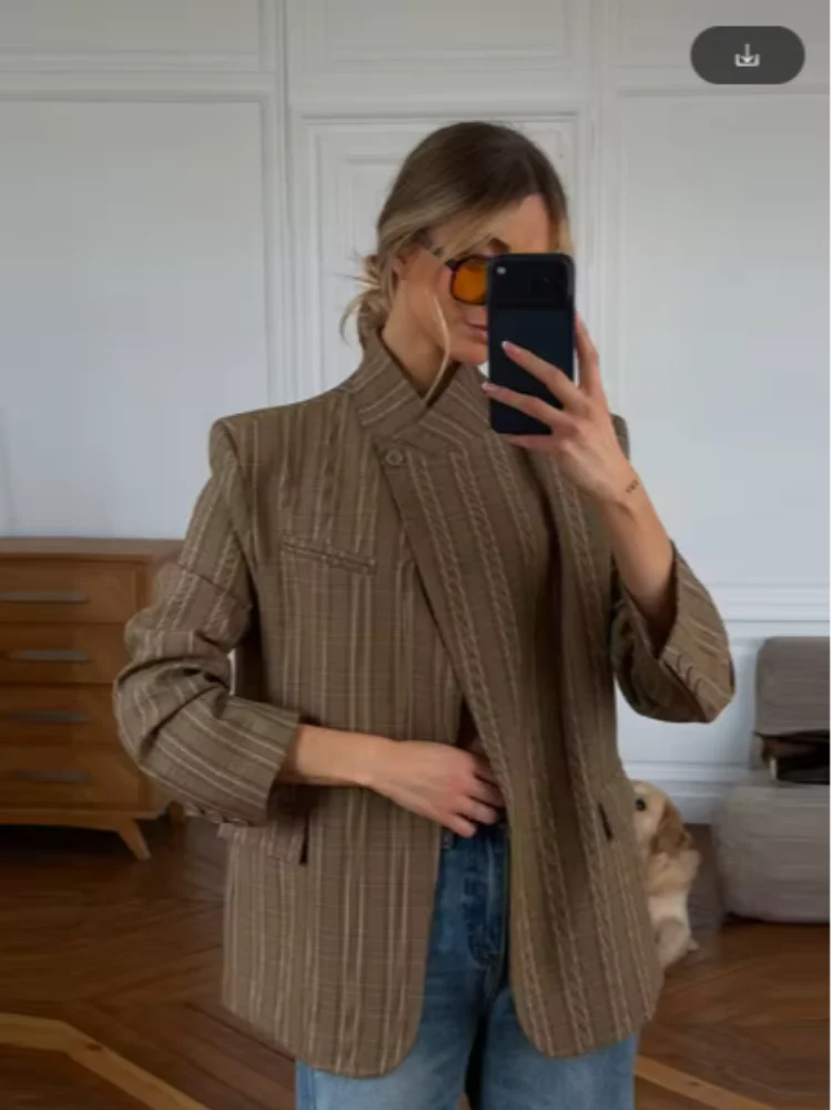 Women Plaid Print Blazer Jacket Fashion Stand Collar Full Sleeve One Button Loose Short Coat Chic Lady Daily Commute Outerwears LadyShow.Store
