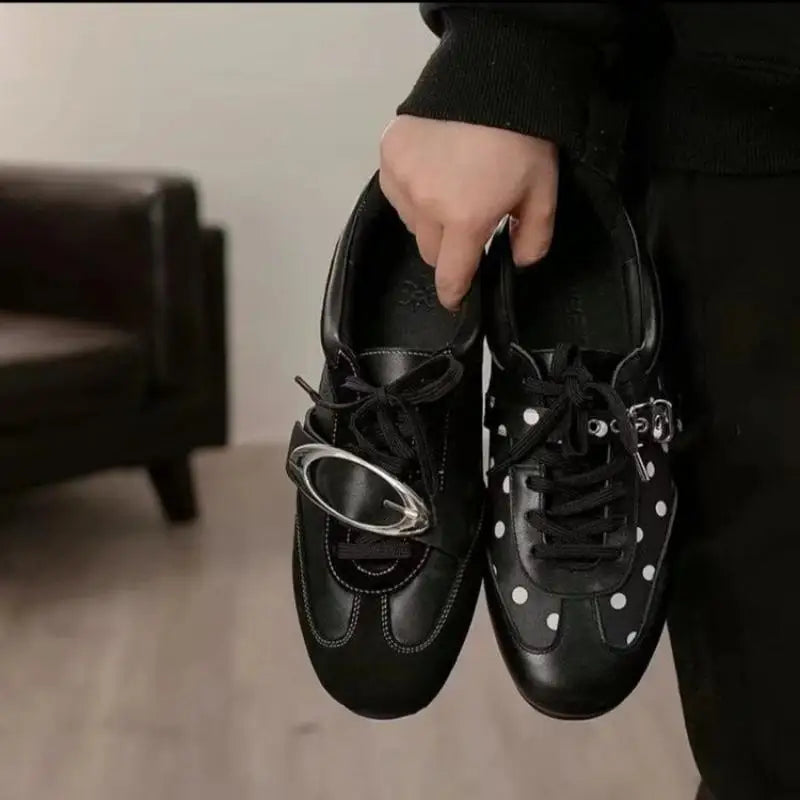 Korean Style Black Polka Dot Sneakers Women Spring 2026 Luxury Metal Decoration Designer Vulcanize Shoes Woman's Sports Shoes Pi-Mart