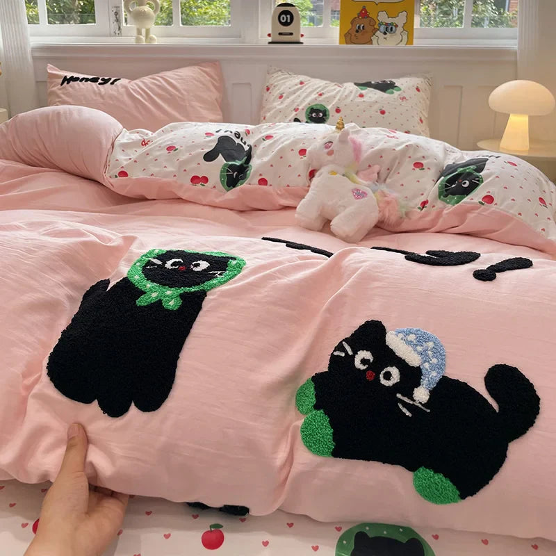 Cute Cat  Bedding Set For adults kids Brown pink Lovely Bed Sheet set With Pillowcases Colorful King Queen Full size LadyShow.Store