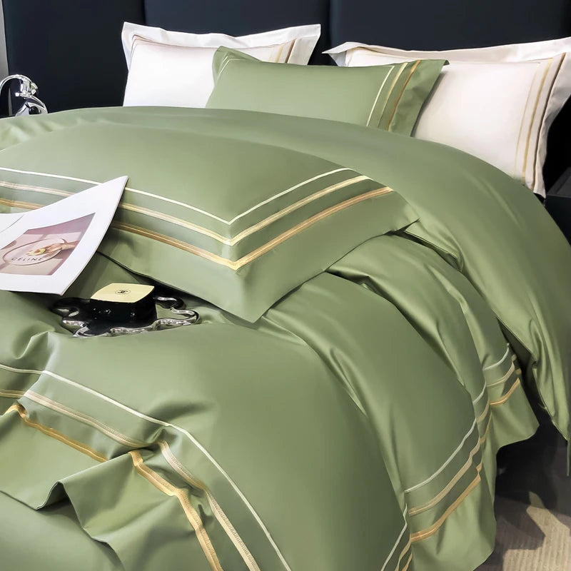 Hotel Style Bedding Set Luxury Golden Embroidery Duvet Cover Grey Egyptian Cotton Bed Sheets Pillowcases Solid Color Bedclothes Pi-Mart