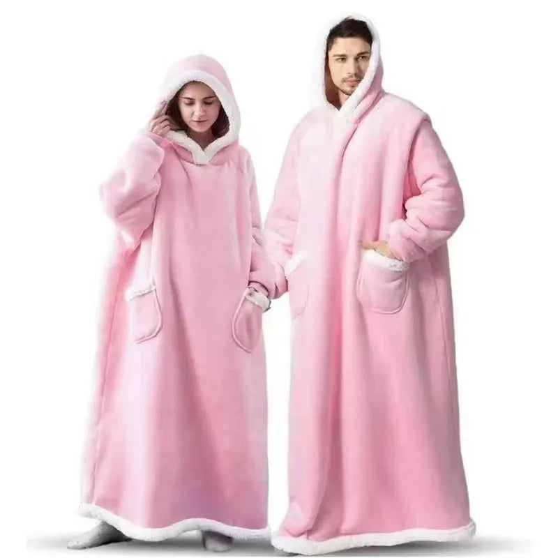180cm Super Long Flannel Blanket Pyjamas with Sleeves Winter Hoodies Sweatshirt Women Men Pullover Fleece Giant Oversized Outdoo Pi-Mart