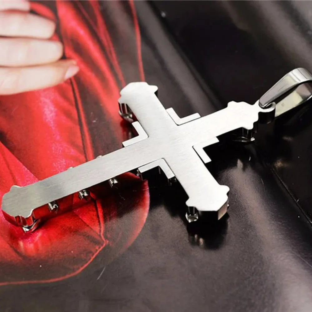 2024 New Male Crystal Cross Jesus Pendant Gold/Black/Blue Color Zirconia Cross Pendant Necklace Stainless Steel Jewelry Pi-Mart