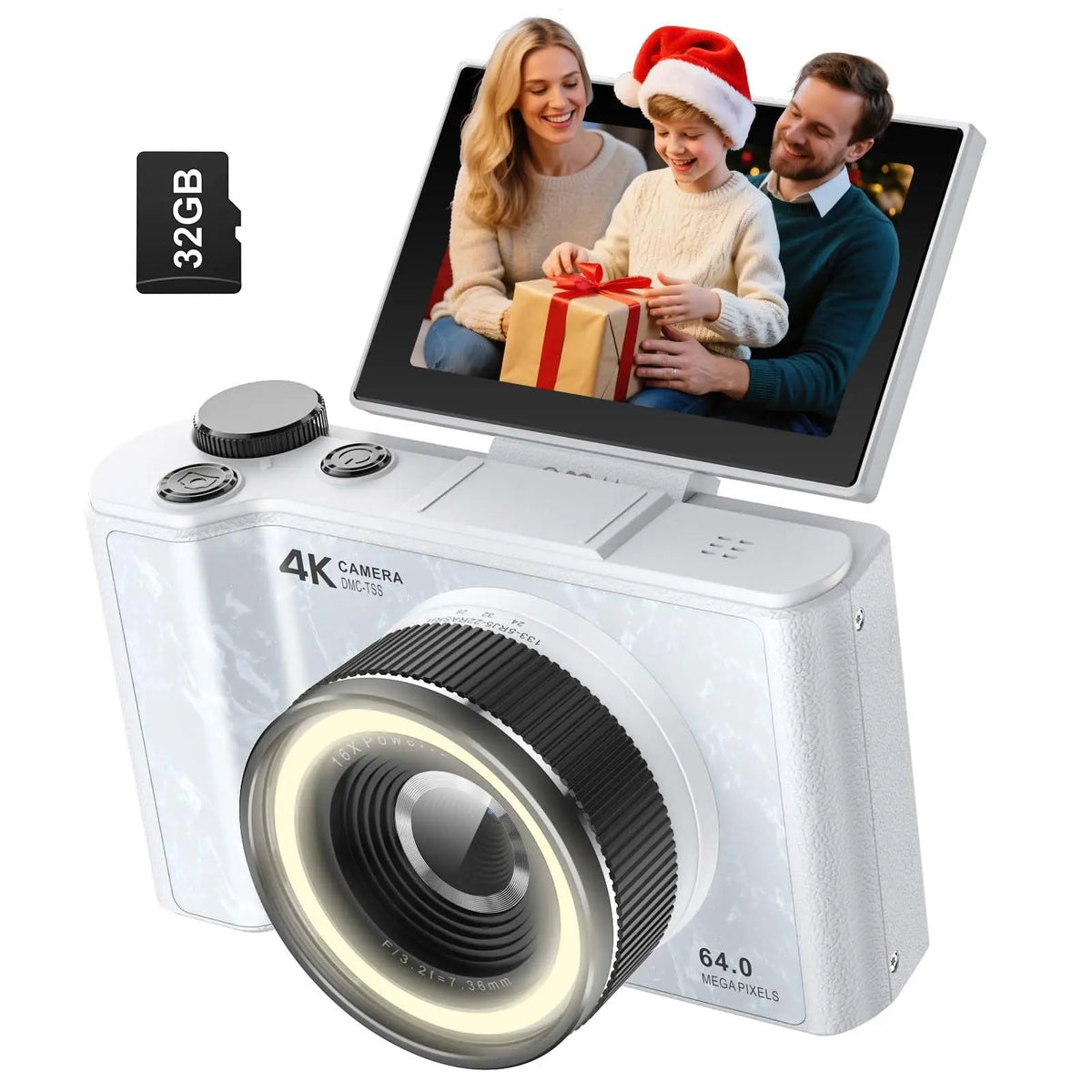 4K Digital Camera for Photography,4k Camera with Ring Light，180° Flip Screen Camera for Vlogging with Beauty Mode,Point and Shoot Digital Cameras for Beginner with SD Card，Christmas Gift Pi-Mart