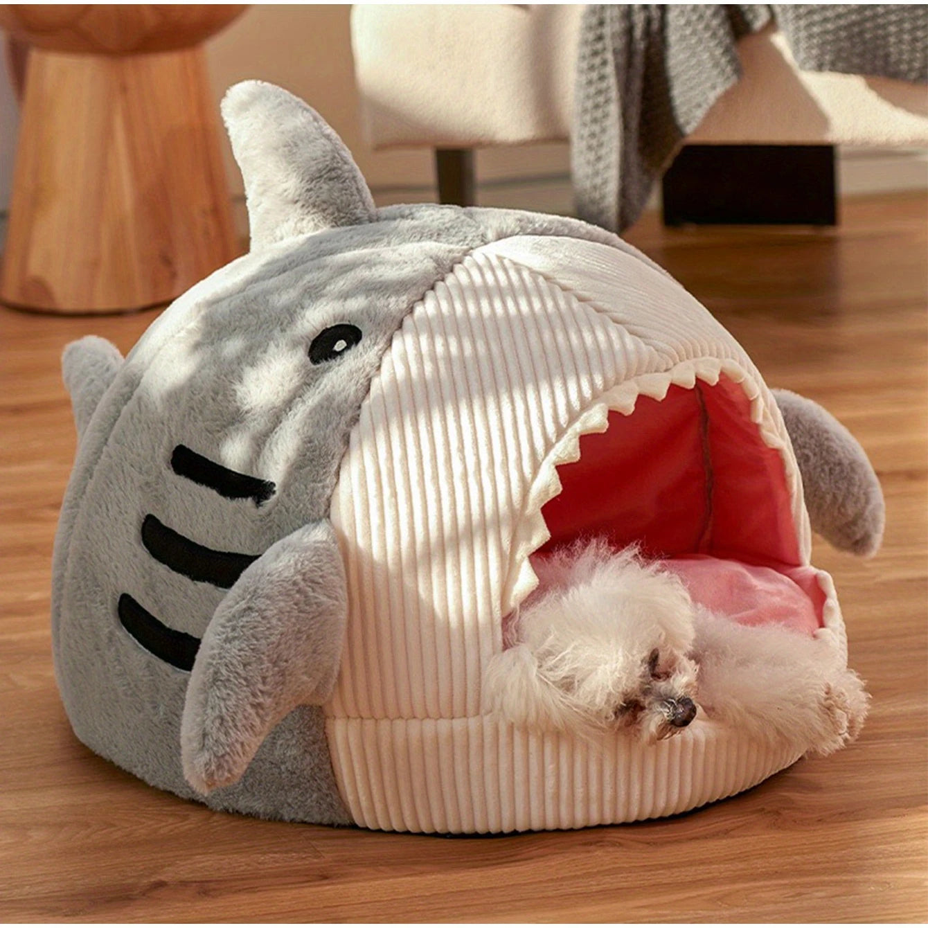 Plush Hooded Cat Cave Bed Round Semi‑Enclosed Shell Pet Nest Washable Anti‑Slip Warm All Season Sleeping Bed For Cats Small Dogs Pi-Mart
