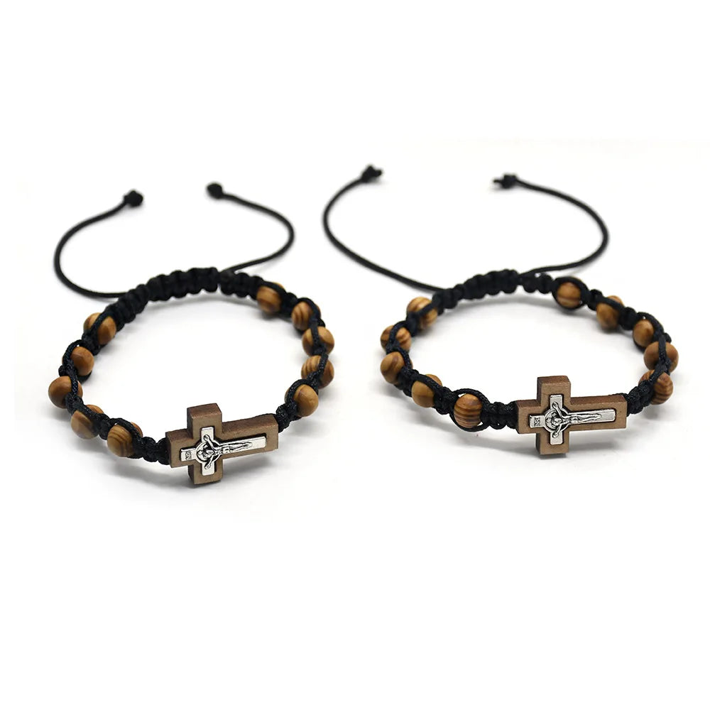 Religious Catholic Cross Bracelet Wooden Beads Wrap Braided Jesus Prayer Bracelets Handmade Jewelry Gift Pi-Mart