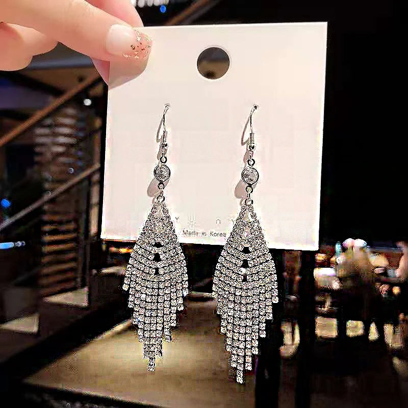 Shiny Crystal Zircon Long Stud Earrings for Women Geometric Hanging Drop Tassel Earring Fashion Party Vintage Pendant Jewelry Pi-Mart