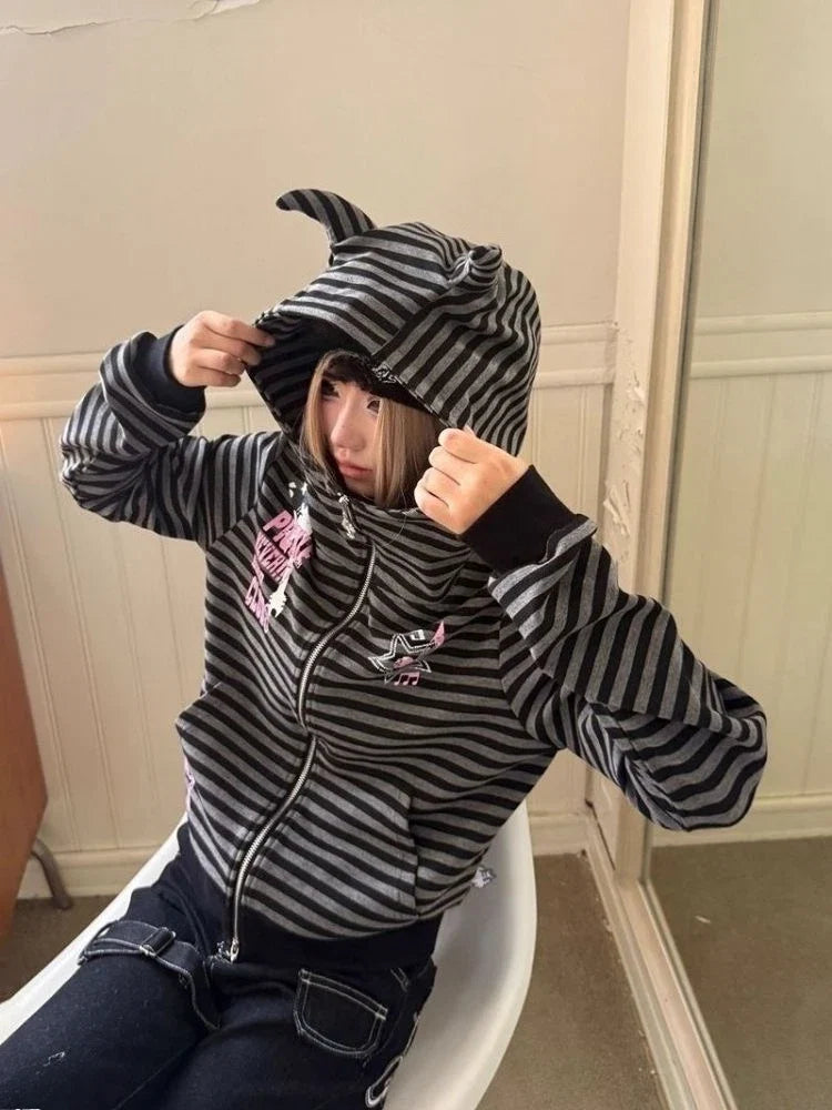 2000S American Vintage Striped Loose Long Sleeve Hooded Sweatshirt Y2k Subculture Casual Zip Up Hooded Cardigan Harajuku Coats LadyShow.Store