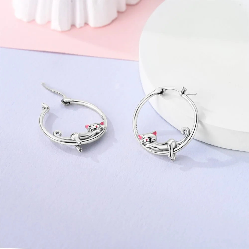 925 Sterling Silver Cute Lazy Cat Animal Pet Earrings Jewelry Hoop Earrings For Women Jewelry Birthday Party Fine Gifts Pi-Mart