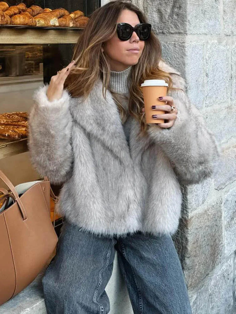 HH Women Fashion Cropped Faux Fur Jacket Coat Long Sleeve Front Snap-button Female Outerwear Chic Lapel Collar Thick Coat LadyShow.Store