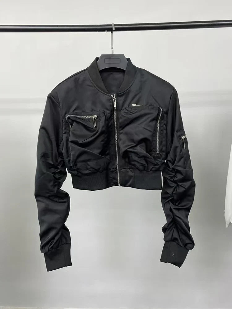 Y2k Bomber Jacket Women Baseball Jersey Jacket Zip Cropped Coat High Waist Spring Autumn Long Sleeve Outerwear Trend Tops Black LadyShow.Store