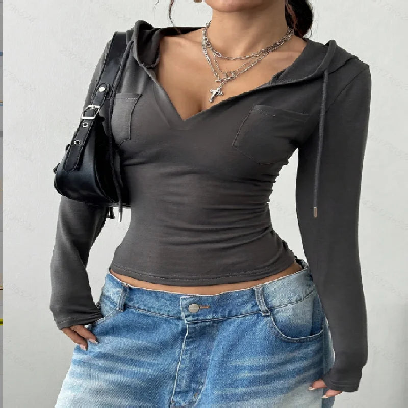 New Elegant Fashionable Pure Color V-Neck Long Sleeve Ladies Hoodie for Commuting LadyShow.Store