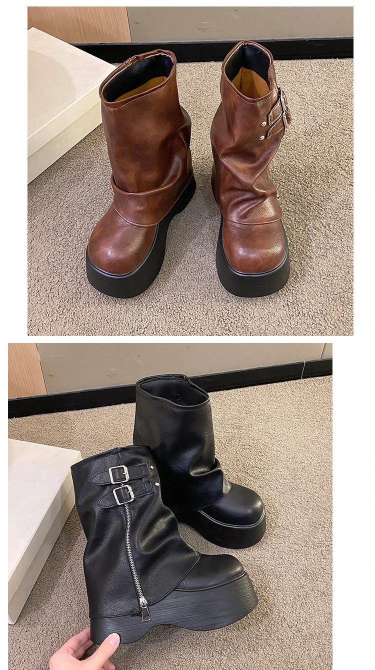 Soft Leather Ankle Mid Calf Boots Winter Autumn High Platform Wedge British Booties Woman New Ladies Chunky Motorcycle Boots 9CM Pi-Mart