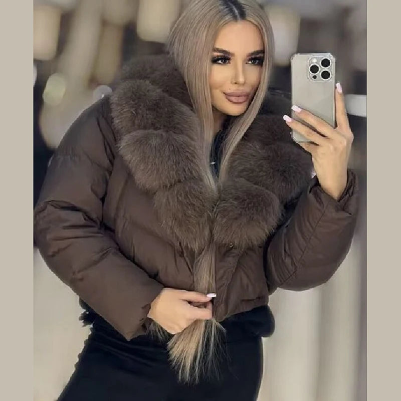 Luxury Thick Faux Fox Fur Collar Cropped Puffer Coat Women Oversized Lapel Zip Up Short Warm Windproof Winter Outerwear Jacket Pi-Mart