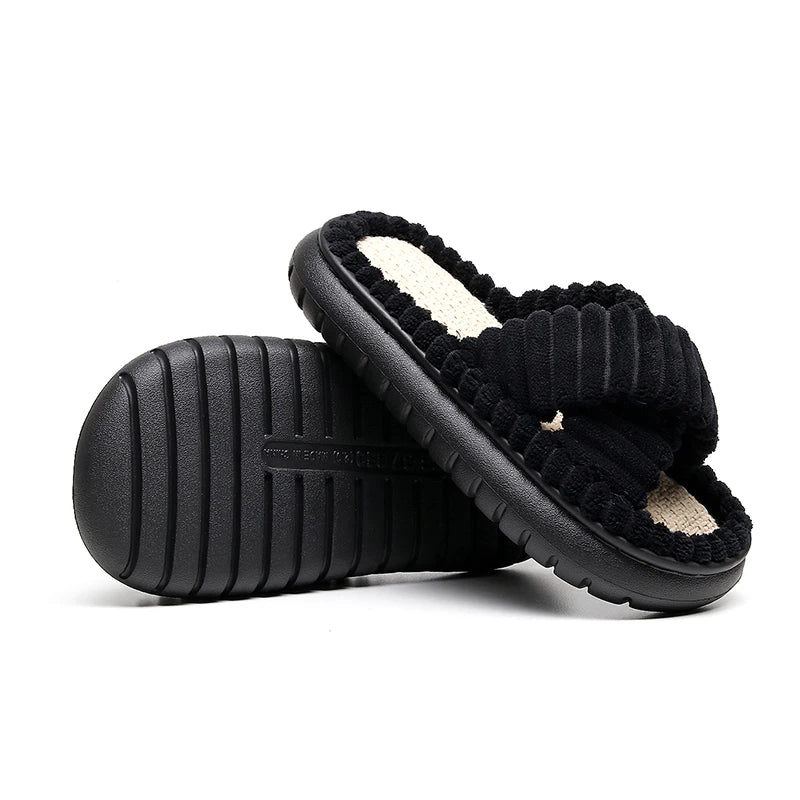 2024 Autumn Winter New Women Home Slippers Open-Toe Cross Band Linen Soled Indoor Slides Linen Soled Non-Slip Bathroom Slippers Pi-Mart