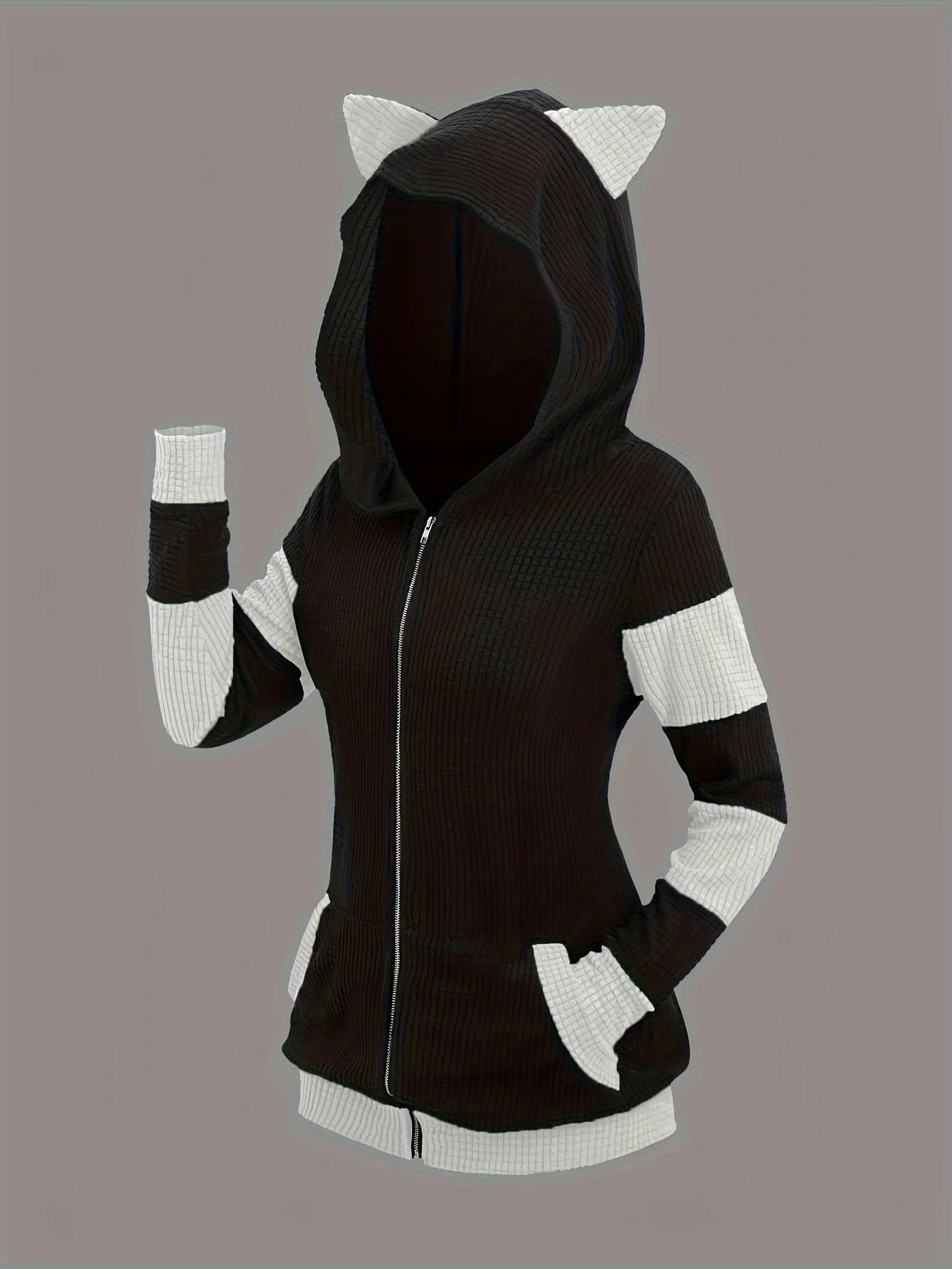 2024 European and American fashion women's new thick cat ears in autumn and winter long color matching hooded sweater coat LadyShow.Store