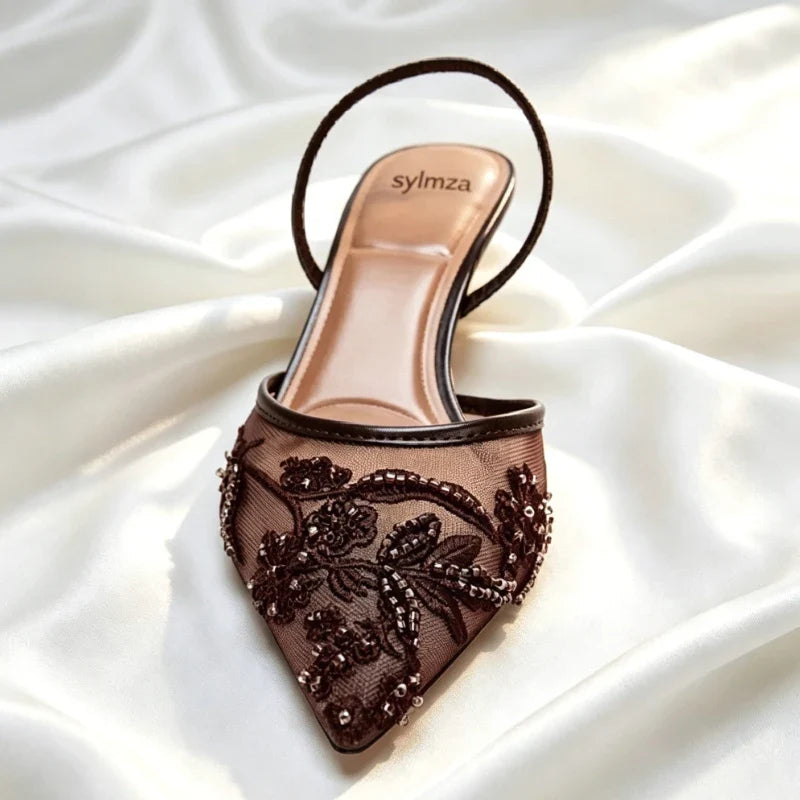 Mesh Embroider String Bead Detail High Heels Women Sexy Brown Pointed Toe Back Strap Heeled Sandals Summer Elegant Women Shoes LadyShow.Store