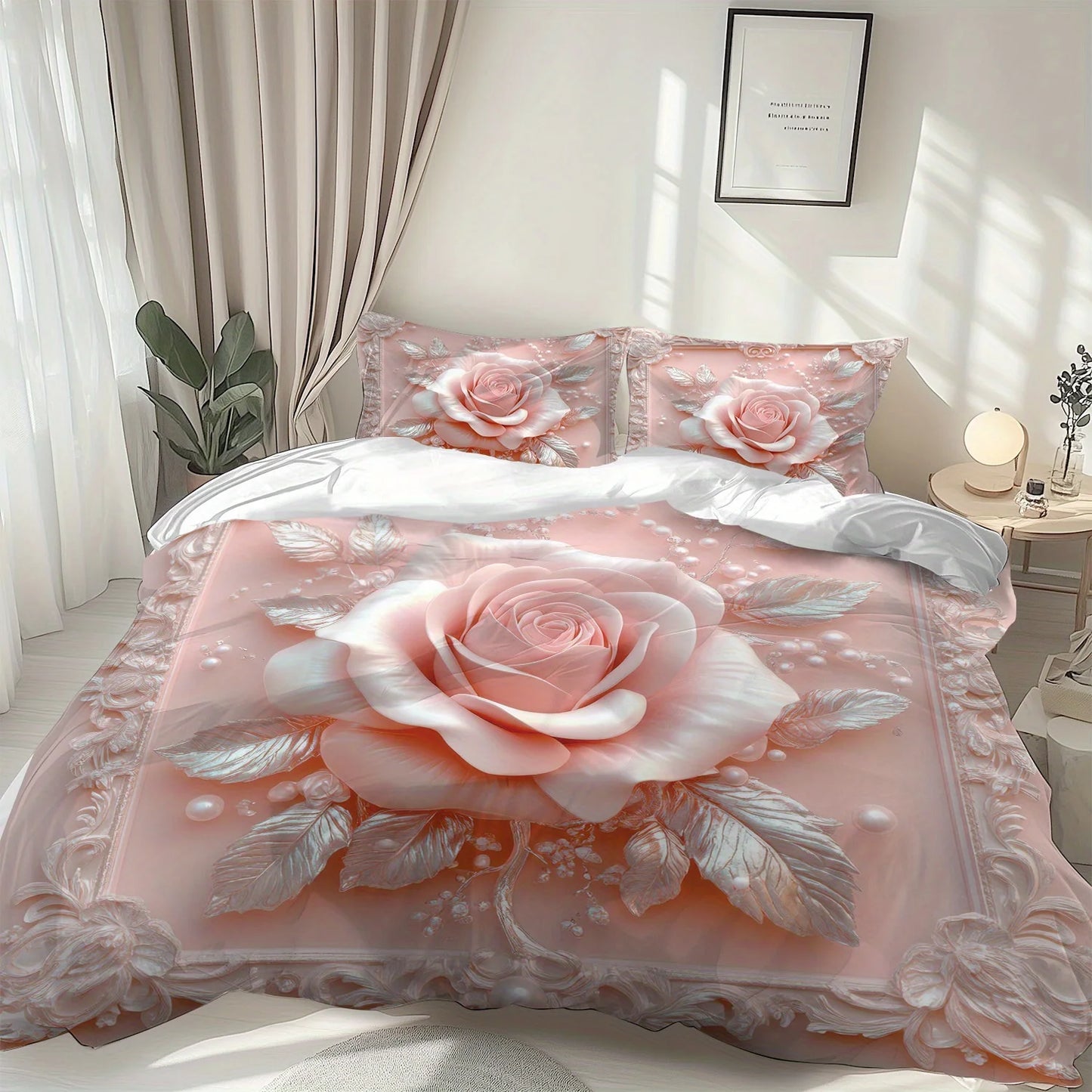 Latacaca 2/3Pcs Pink Rose Duvet Cover Set, Soft Comfortable Floral Bedding with Pillowcases, Machine Washable Queen King Size Pi-Mart