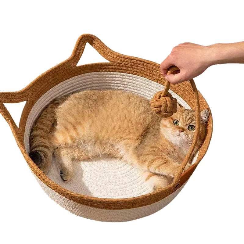 Pet Cat Bed Round Hand Woven Rattan Wear-resistant Cat Bed Summer Cooling Pet Bed Indoor Sleeping House Pet Products Accessories Pi-Mart