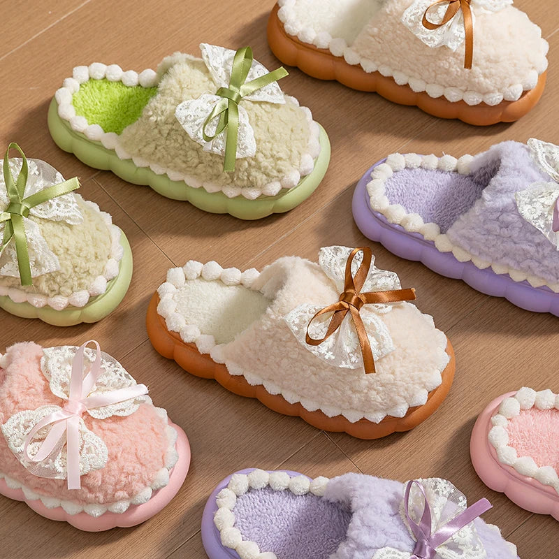 Winter Warm Fur Slippers For Women Thick-Soled Household Slippers Cute Bow Non Slip Soft Home Shoes Indoor Plush Women's Slipper LadyShow.Store