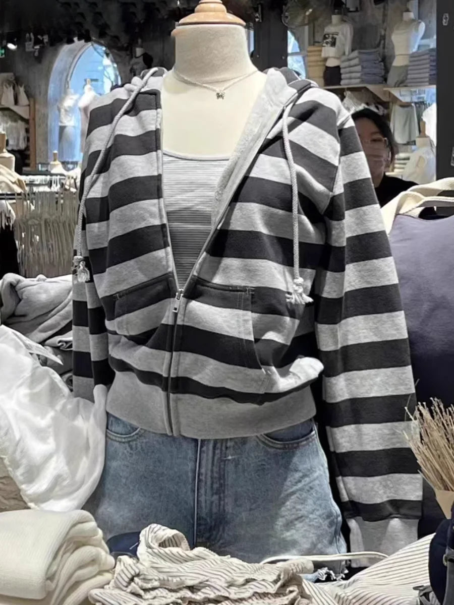 Stripes Vintage Zip-up Hoodie Woman Drawstring Hooded Long Sleeve Cotton Coat Casual Preppy Style Sweet Cute Hoodies Top Clothes LadyShow.Store