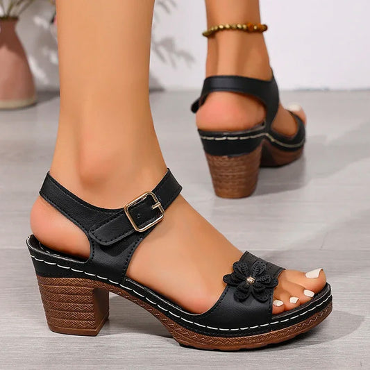 Vintage Flower Ankle Strap Sandals Women Summer 2026 Comfort Thick Heels Plus Size Sandals Elegant High Heeled Mother's Shoes LadyShow.Store