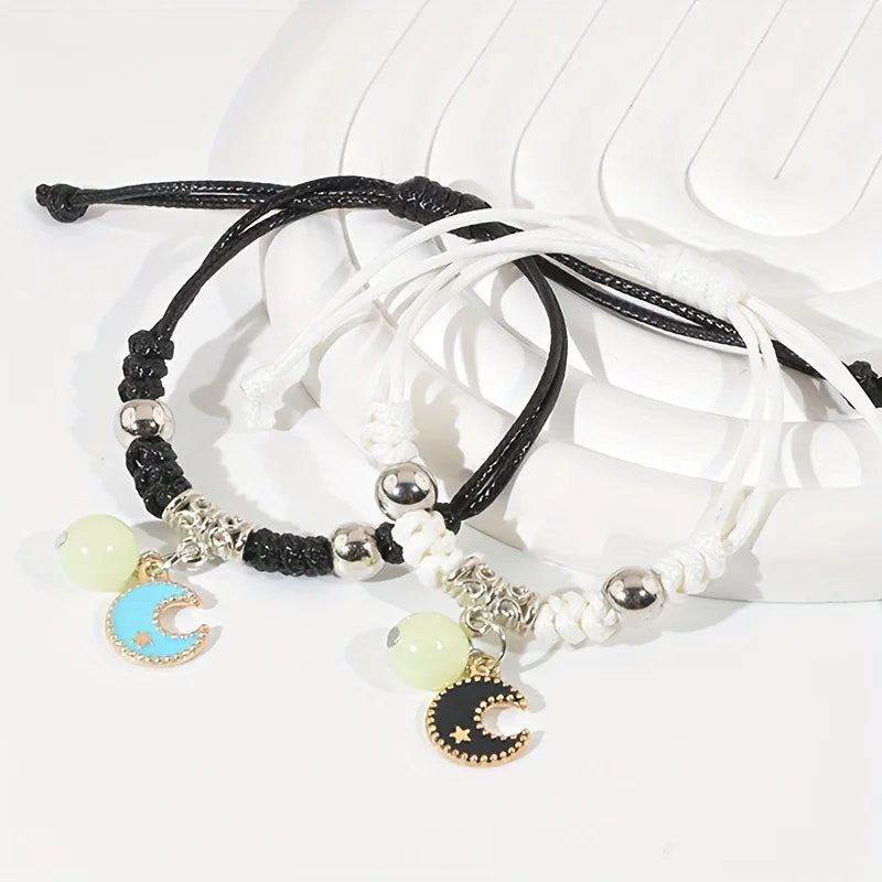 2PC Fashion Luminous Beads Star Couple Bracelet for Women Men Charm Cat Flower Heart Moon Love Matching Friend Bracelet Jewelry Pi-Mart